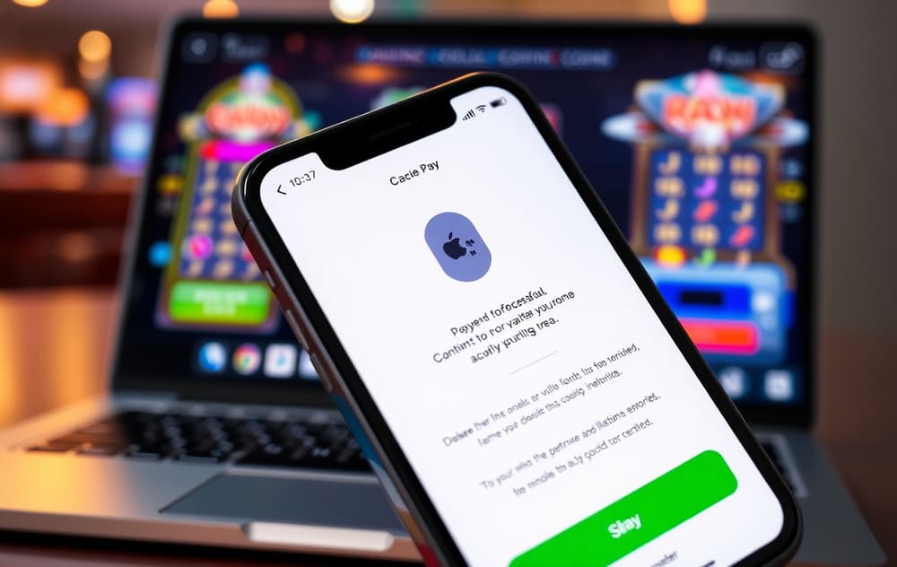 iPhone med Apple Pay-bekreftelse på et casino, bakgrunn med spilleautomat på skjerm