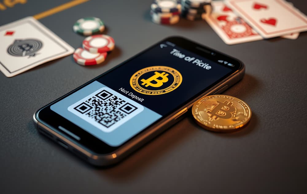 Smarttelefon med Bitcoin QR-kode på et casinobord, med en fysisk Bitcoin-mynt og spillebrikker.