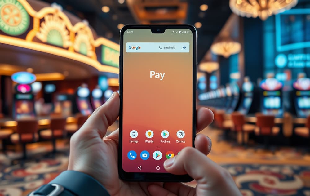 Person som holder en Android-mobil med Google Pay klar til innskudd på et nettcasino
