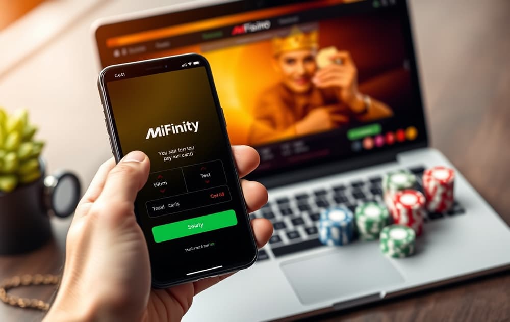 Smarttelefon med MiFinity-betaling på et casino, kredittkort og sjetonger i bakgrunnen.