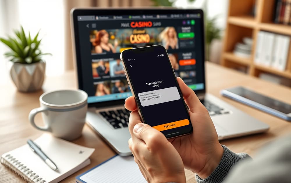 Person som setter inn penger på casino via mobilbetaling med SMS-bekreftelse på skjermen.