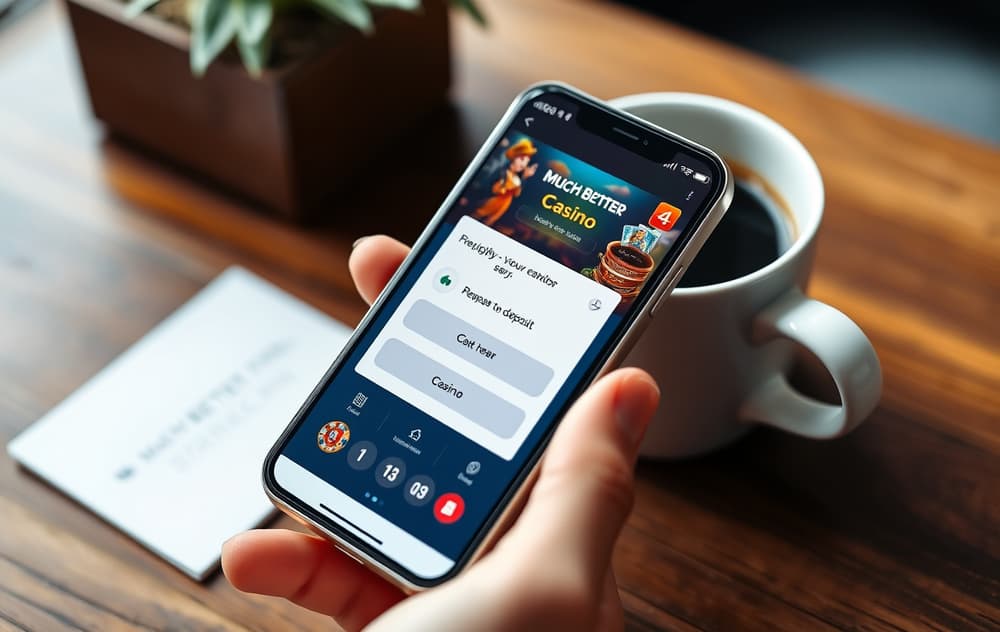 Mobiltelefon med MuchBetter-appen klar for casinoinnskudd
