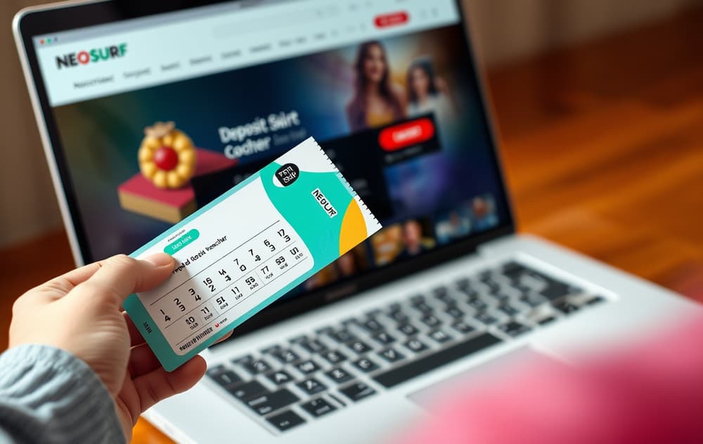 Person med Neosurf-kupong og PIN-kode foran en laptop med casinoinnskudd