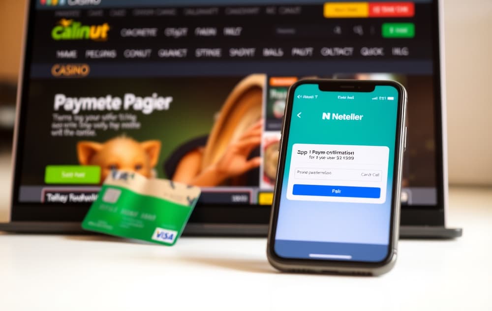 Neteller-app på mobil med casino i bakgrunnen og bankkort ved siden av
