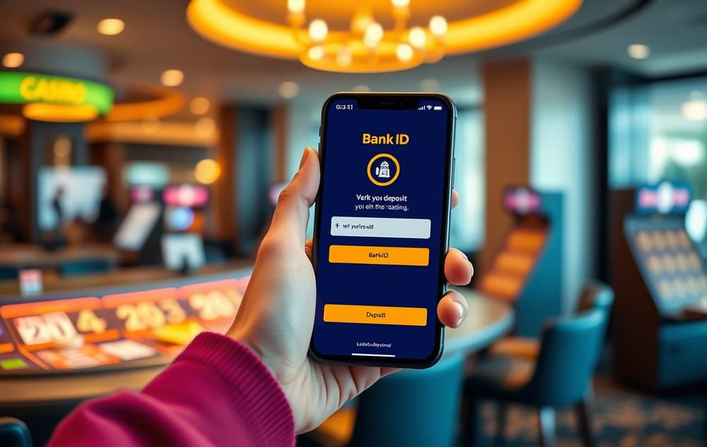 Person med mobiltelefon som viser BankID-verifisering på et nettcasino – Pay n play innskudd.