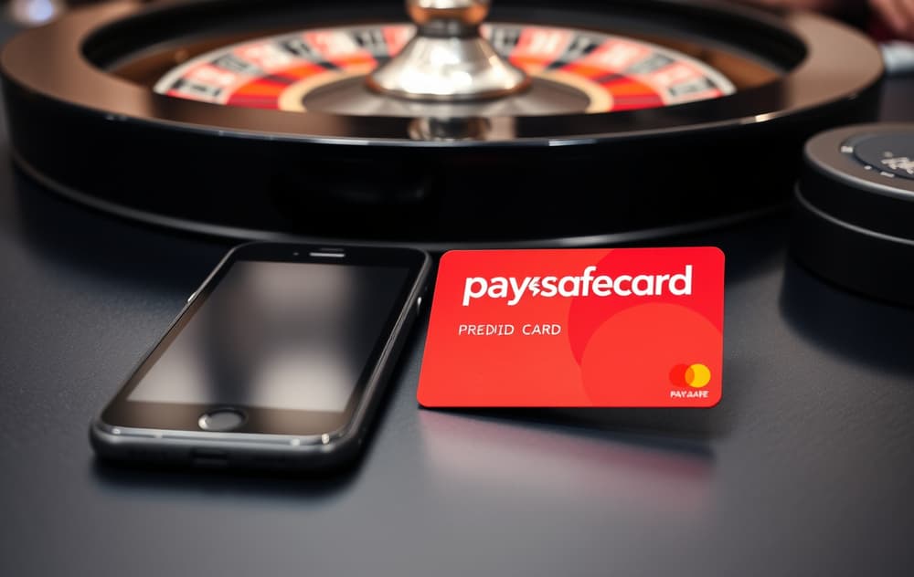 Rød Paysafecard-kupong ved siden av mobiltelefon på et casino-bord med rulett i bakgrunnen.