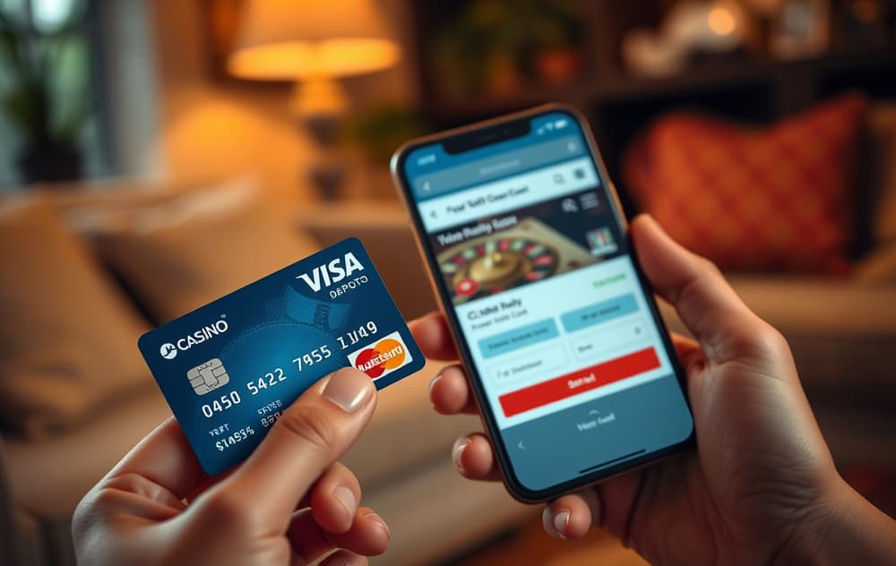 En person holder et Visa-kort ved siden av en mobiltelefon med et casino på skjermen, innskuddsseksjonen vises.