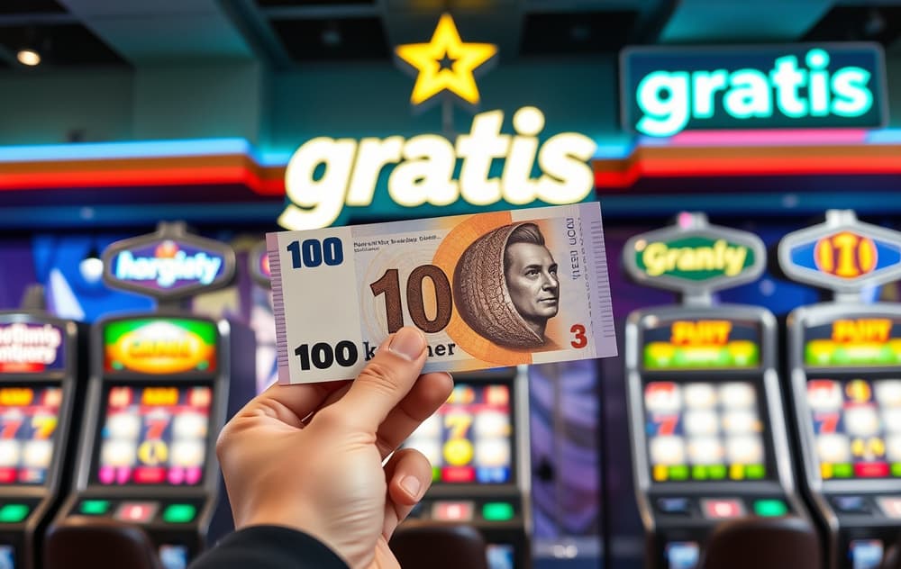 En hånd holder en 100-kronersseddel foran et casinointeriør med spilleautomater og et gratisskilt.