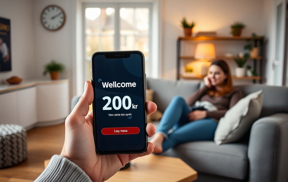 Mobilskjerm som viser 200 kr gratis bonus, hånd som holder telefonen i en stue