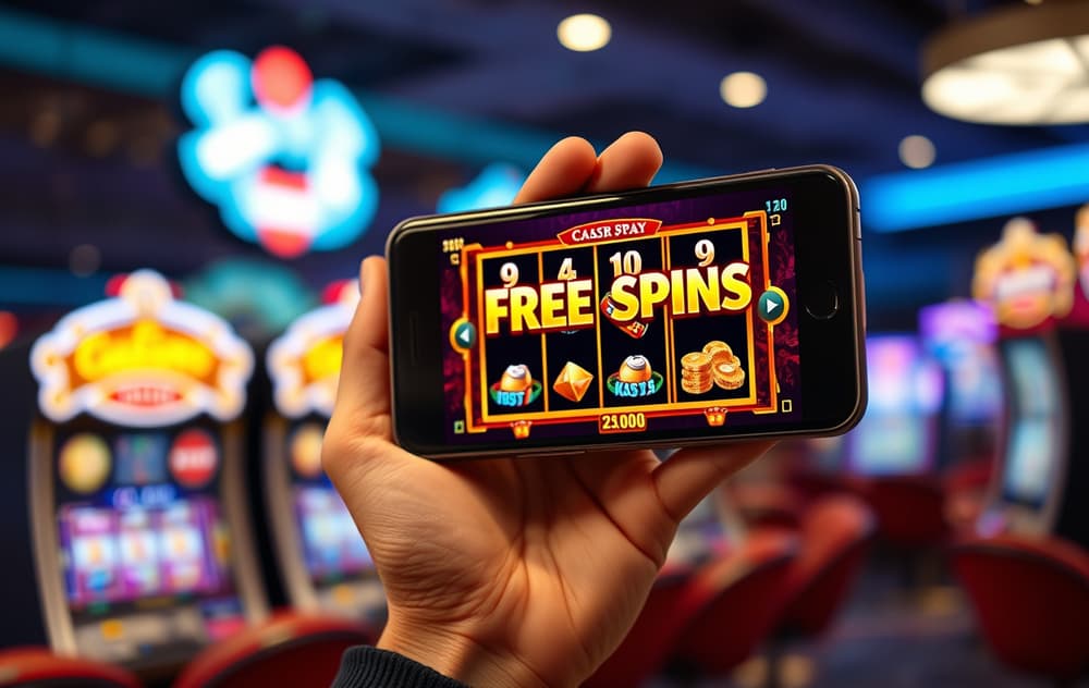 Person som holder mobil med freespins på skjermen, casino-bakgrunn