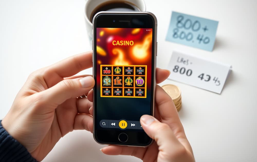 Person med mobiltelefon som viser spilleautomat, norske kroner og Hjelpelinjen 800 800 40 synlig i bakgrunnen.