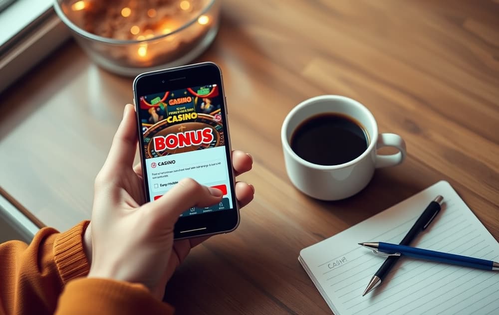 En person som holder en mobiltelefon med en casinobonus på skjermen, ved siden av en kopp kaffe og en notatbok med penn