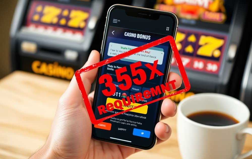 Mobiltelefon som viser en casino-bonus med omsetningskrav på 35x, plassert i en hånd med kaffekopp i bakgrunnen.