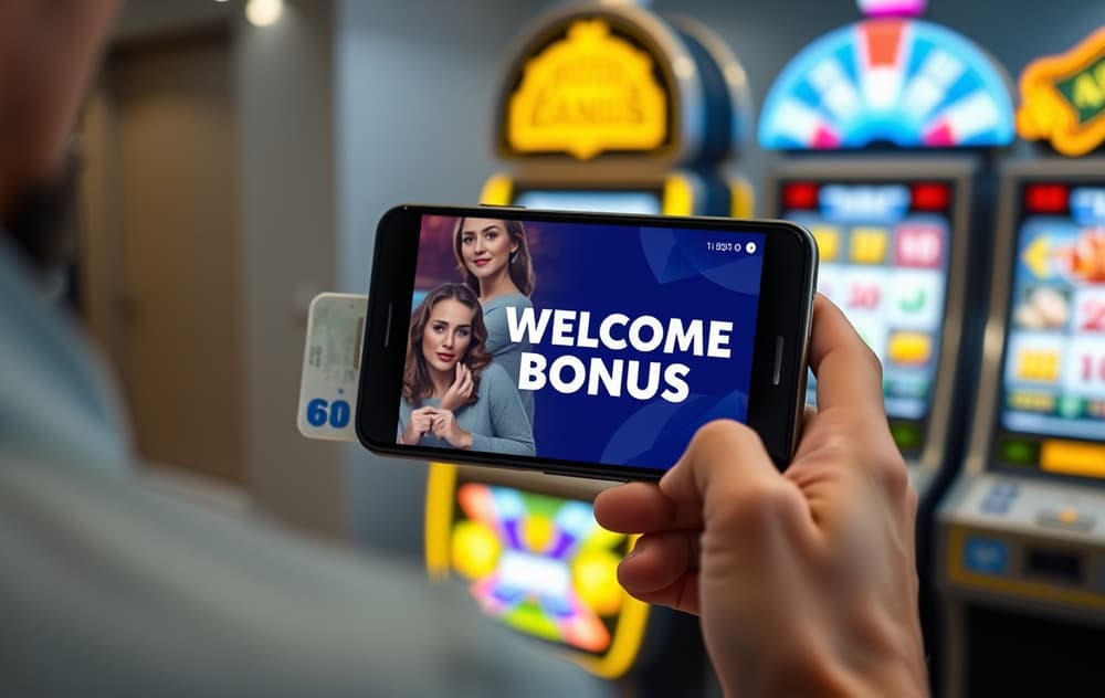 Person med mobil som viser velkomstbonus på et nettcasino, med norsk pengeseddel og spilleautomat i bakgrunnen.