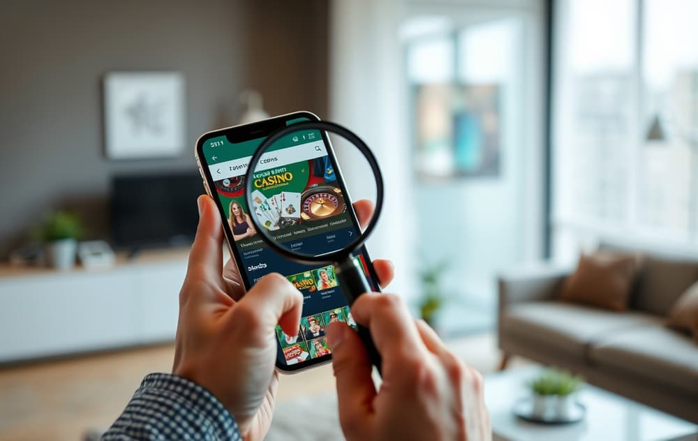 Person med mobil og forstørrelsesglass som inspiserer et casino på nettet