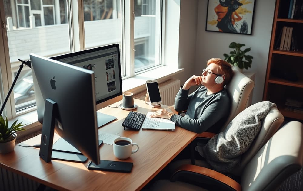 En person som sitter ved en PC med kaffe, klar for ansvarlig spill.