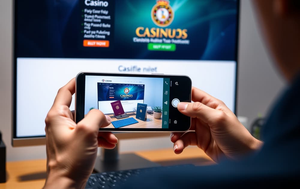 En person tar bilde av passet sitt for casino-verifisering, med en dataskjerm i bakgrunnen.