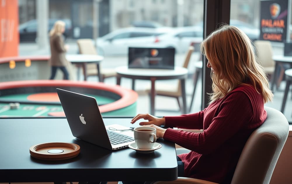 En person sjekker lisensinformasjon på et nettcasino via laptop