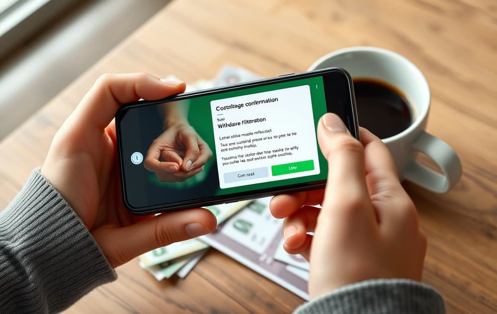 En person som mottar en uttakbekreftelse på mobilen fra et nettcasino, med sedler og kaffekopp.