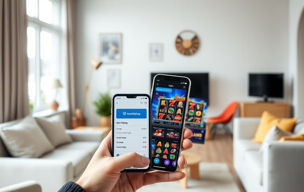 Mobiltelefon som viser Norsk Tipping-appen og et nettcasino side om side, i en norsk stue.