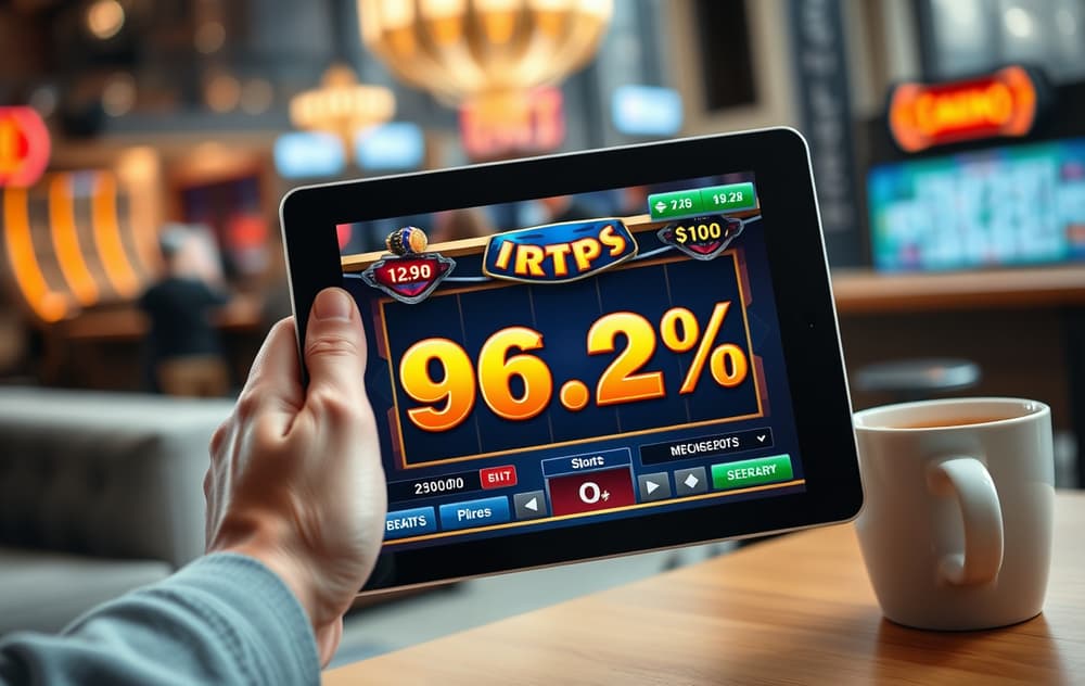En person holder et nettbrett med en spilleautomat på skjermen, RTP 96,2% synlig, ved siden av en kopp kaffe. Bakgrunnen er et uklart kasino.