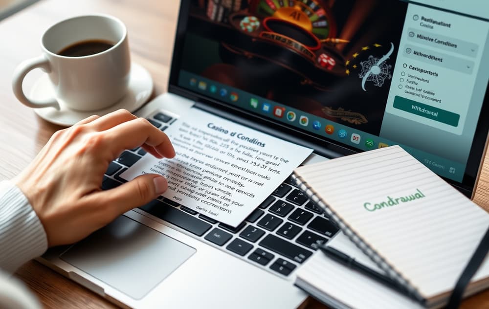 En person som skriver på en bærbar PC med en kopp kaffe og en notatbok med notater om casinovilkår. Skjermen viser en casino-lobby med en uttaksknapp.