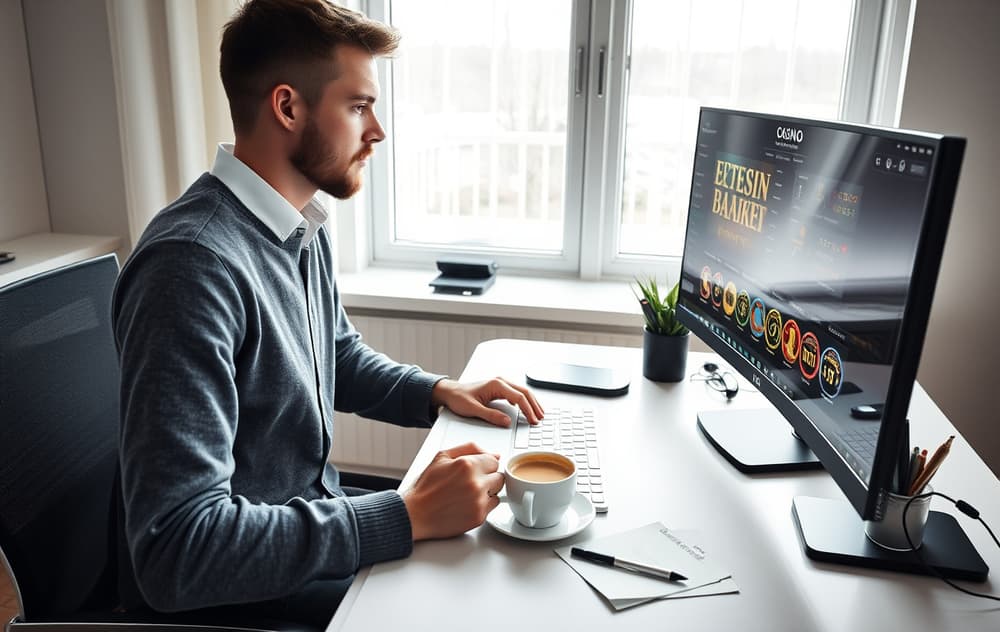 Person som analyserer nettcasinoer på PC med kaffekopp og notater.