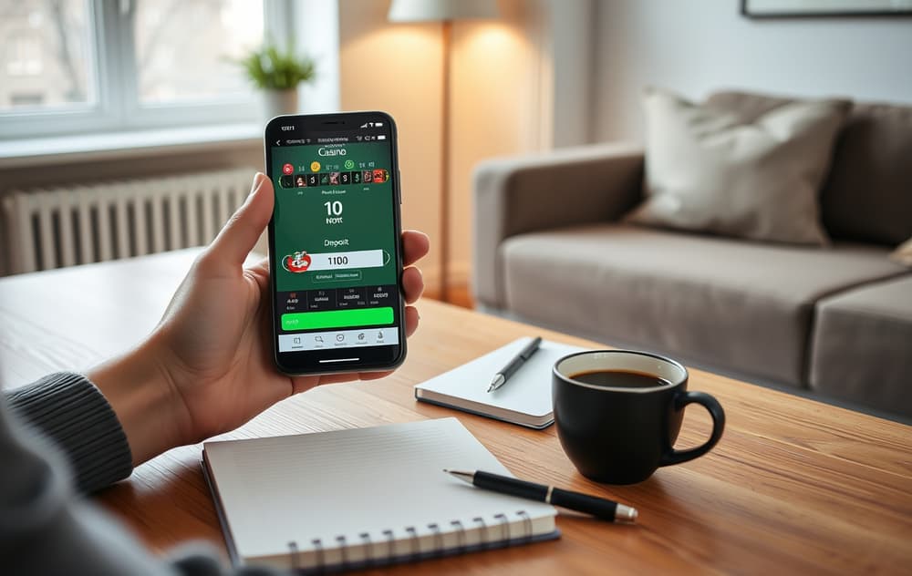 Person med mobil som viser et casino med innskudd på 10 kroner, kaffekopp og notatblokk på bordet