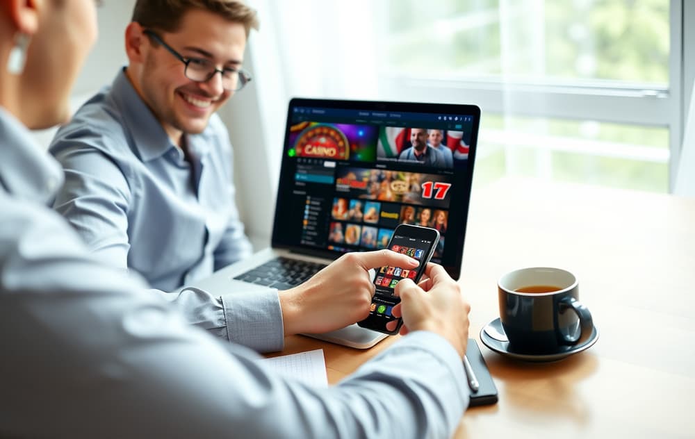 En person som sitter ved et skrivebord og sammenligner casinoer på laptop og mobiltelefon – norsk hjemmekontor.