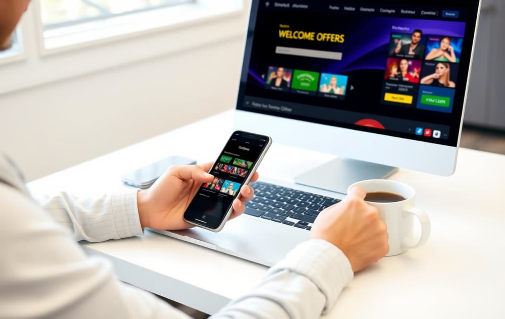 Person som sammenligner casinoer på laptop og mobil.