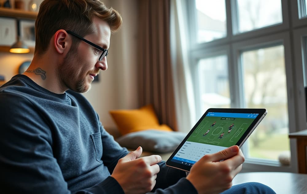 Mann som ser på fotball på nettbrett med odds-app