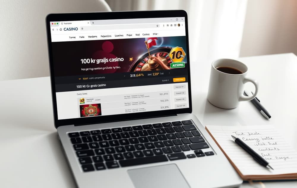 Sammenligning av gratis casino-bonuser på en bærbar PC med notatbok og kaffekopp.