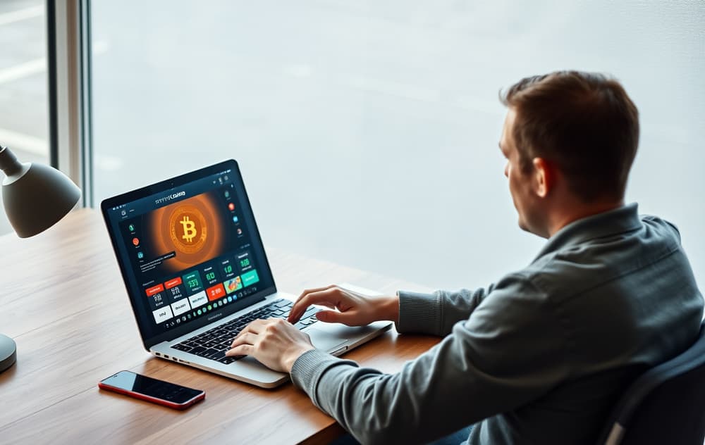 Person som sammenligner kryptocasinoer på laptop med Bitcoin-symbol synlig