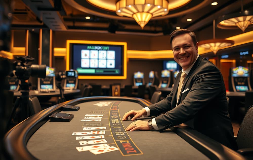 Live dealer i studio ved et blackjack-bord med HD-kameraer og skjerm som viser kortene.
