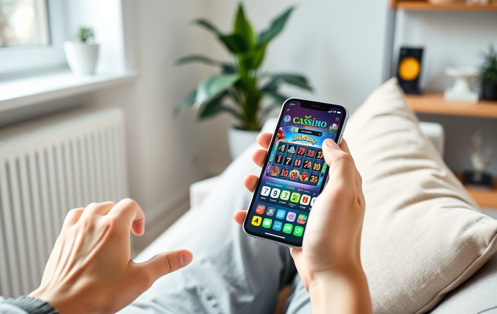 Person sitter i sofa og spiller på mobilcasino, med fargerike spilleautomater på skjermen