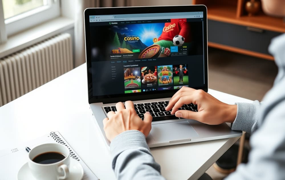 Person som sammenligner nettcasino på laptop
