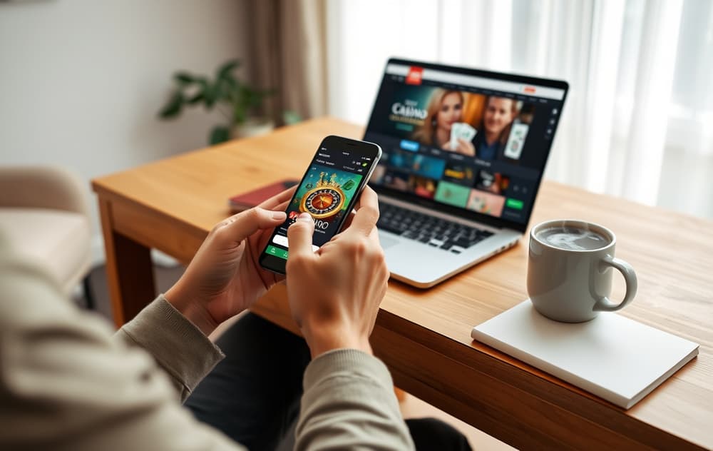 Person som spiller på nettcasino via mobil og laptop med kaffekopp og notatblokk