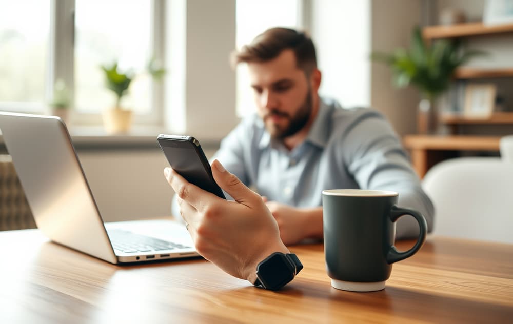 Person som sammenligner odds på mobil og laptop ved et bord