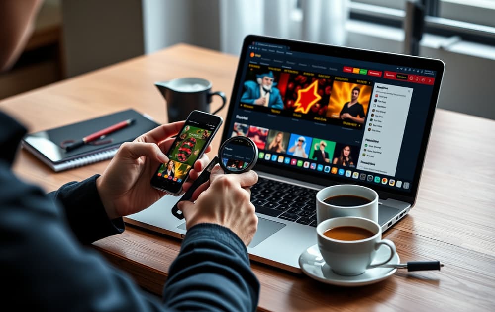 Person som sammenligner nye casinoer på mobil og pc med forstørrelsesglass