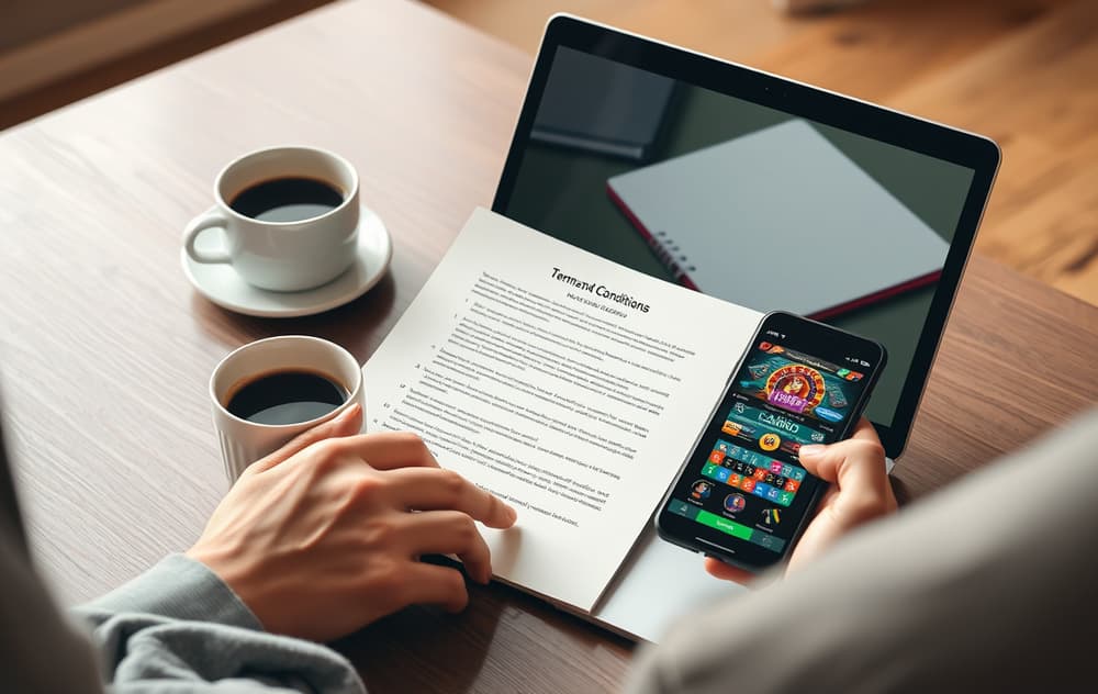 Person som leser casino-vilkår på laptop med kaffekopp og notatblokk