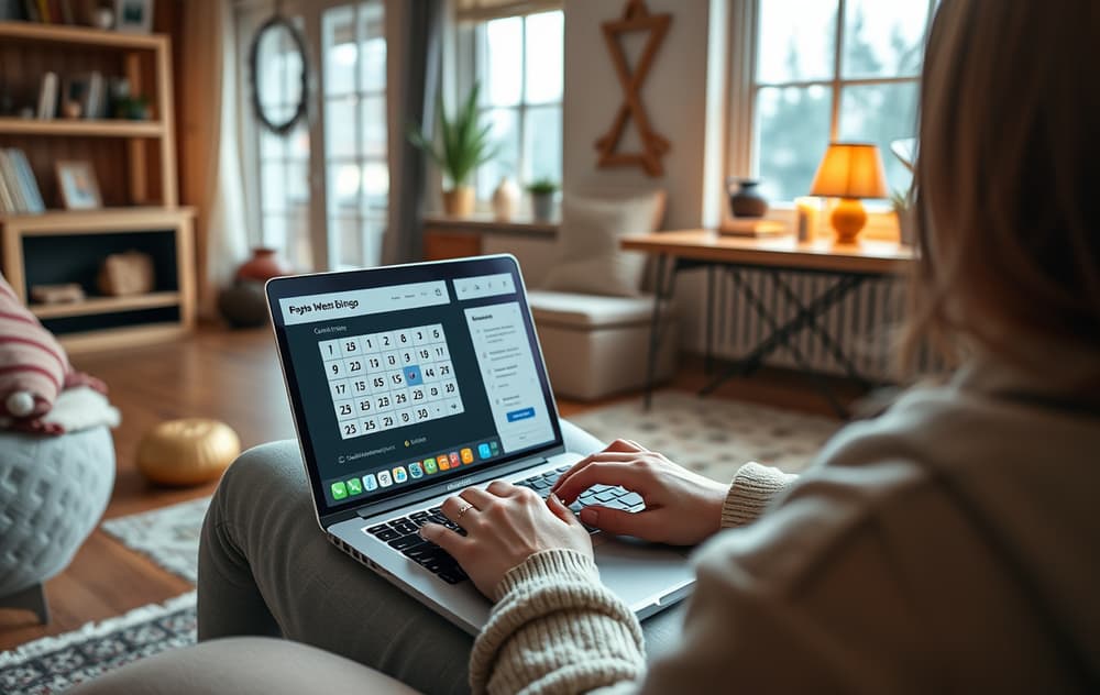 Person som spiller bingo på nett på laptop med bingokort og chattevindu i en koselig norsk stue