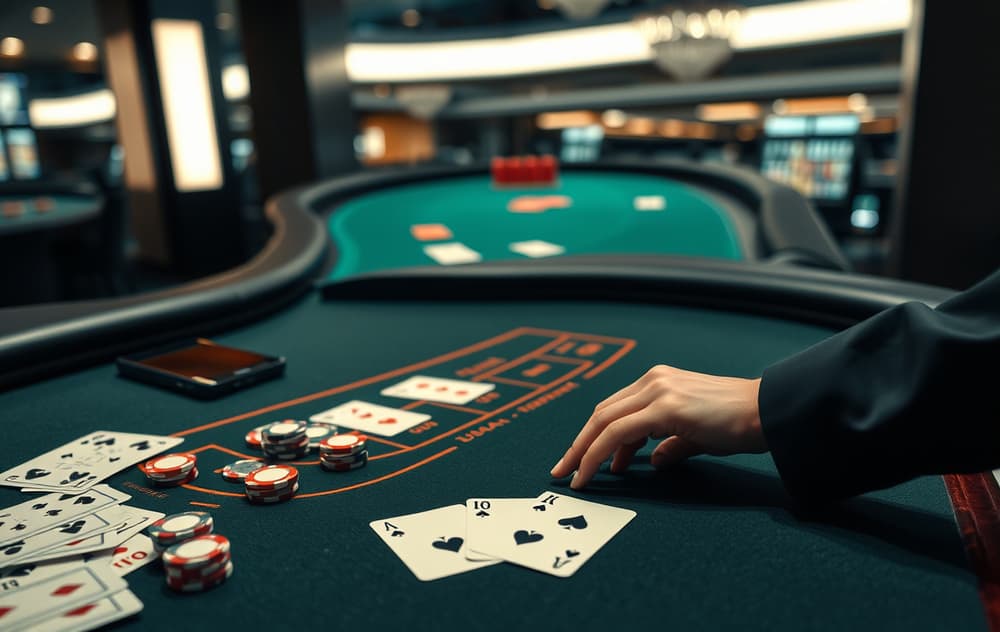 Blackjack-bord med kort og sjetonger, sett ovenfra med mykt lys