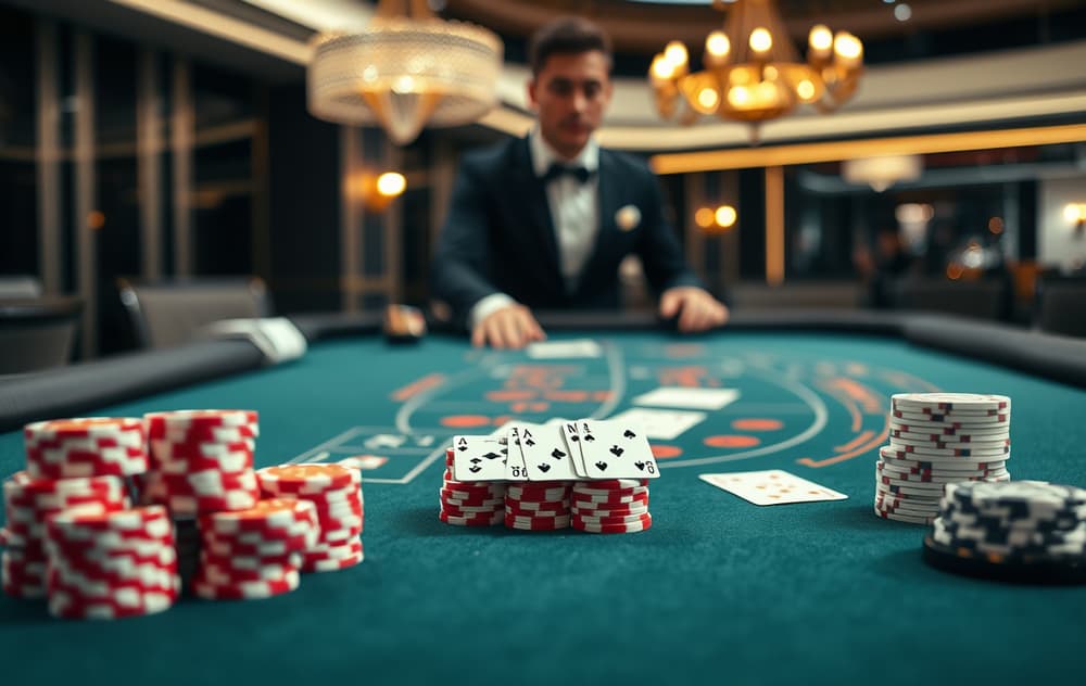 Live dealer blackjack på nettbrett med grønt bord og kort