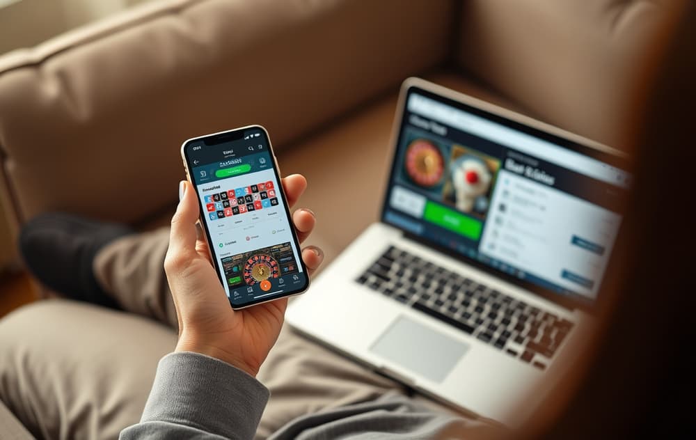 En person spiller casinospill på mobilen mens en bankoverføring vises på en laptop i bakgrunnen.