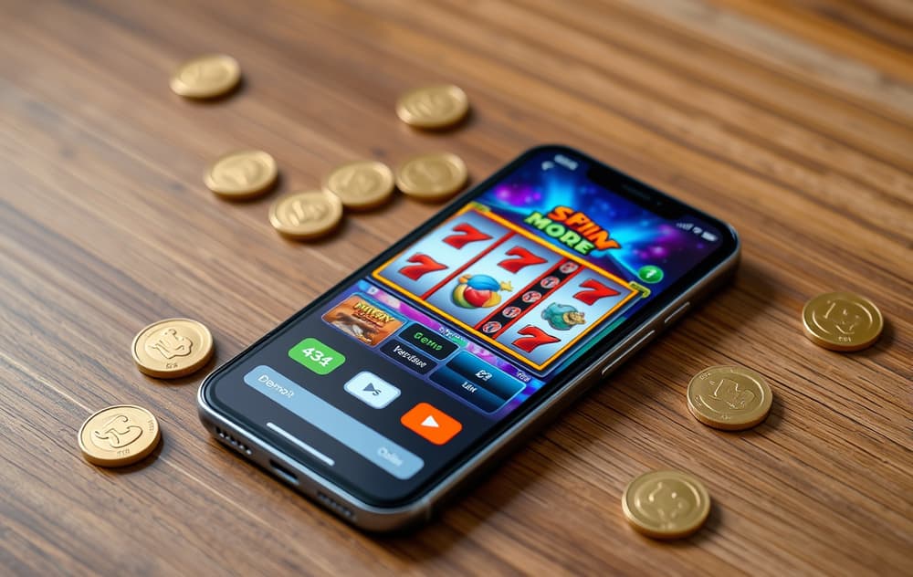 Smarttelefon som viser en gratis spilleautomat i demomodus på en treplate