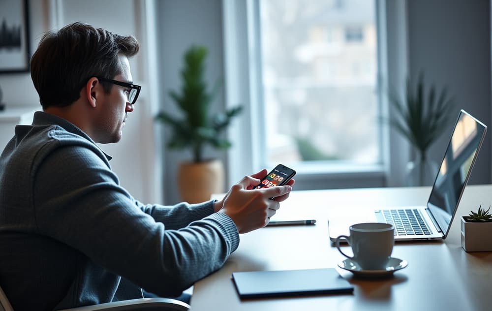 Person som spiller lotto på nett på mobilen, med kaffekopp og laptop på bordet, i et skandinavisk interiør
