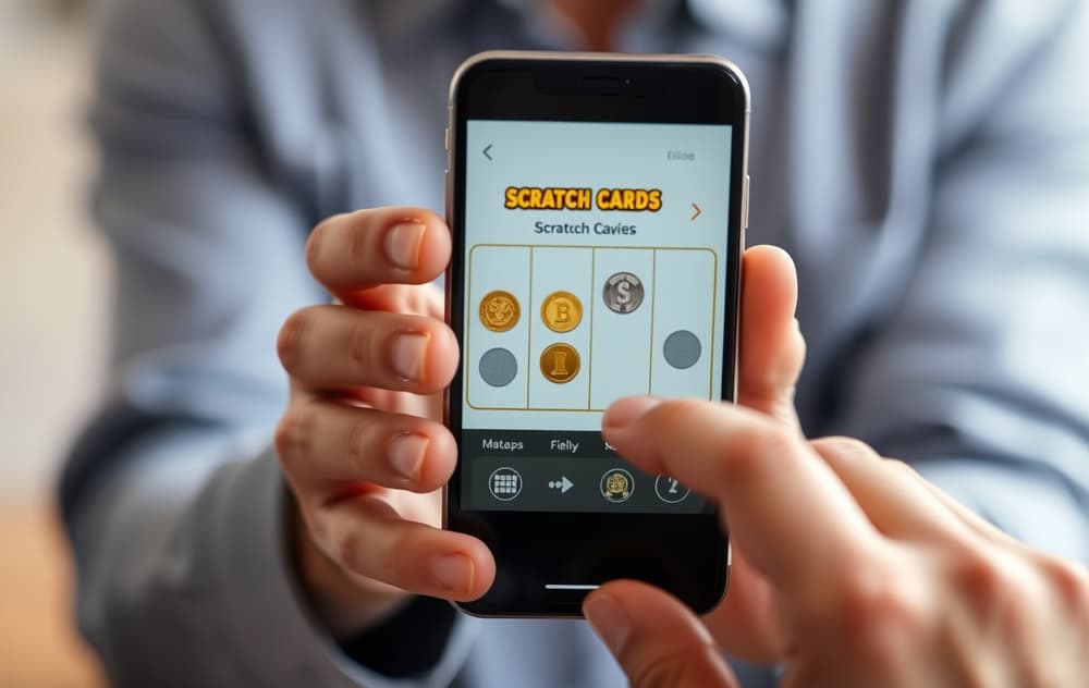 Person som holder en smarttelefon med et digitalt skrapelodd på skjermen, ett felt er skrapet og viser tre like symboler